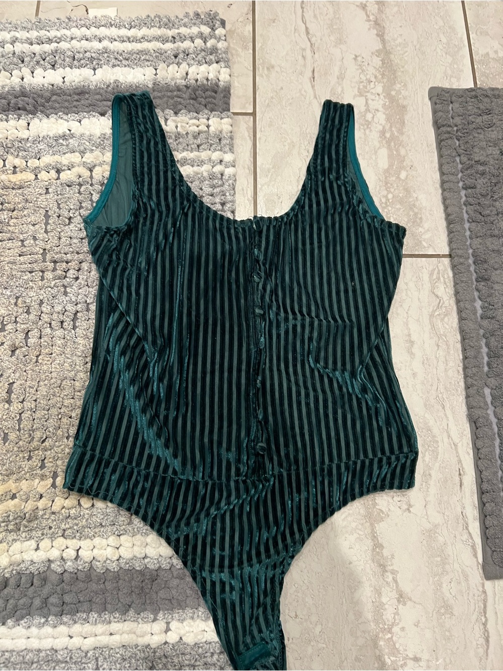 Velvet Striped Scoop Neck Thong Bodysuit - Deep Teal